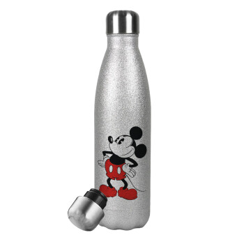Mickey Classic, Μεταλλικό παγούρι θερμός Glitter Aσημένιο (Stainless steel), διπλού τοιχώματος, 500ml
