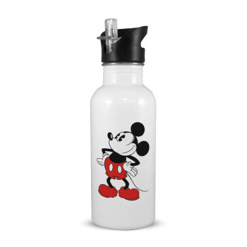 Mickey Classic, White water bottle with straw, stainless steel 600ml