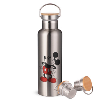 Mickey Classic, Μεταλλικό παγούρι θερμός (Stainless steel) Ασημένιο με ξύλινο καπακι (bamboo), διπλού τοιχώματος, 750ml