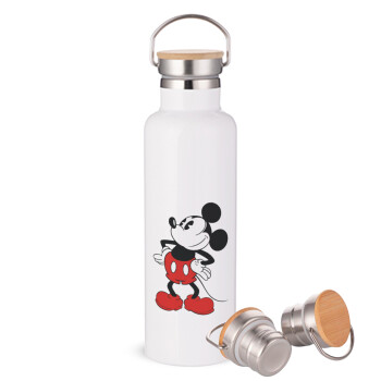 Mickey Classic, Stainless steel White with wooden lid (bamboo), double wall, 750ml