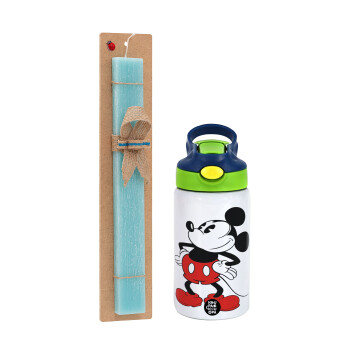 Mickey Classic, Easter Set, Children's thermal stainless steel bottle with safety straw, green/blue (350ml) & aromatic flat Easter candle (30cm) (TURQUOISE)