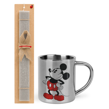 Mickey Classic, Easter Set, metallic thermal cup (300ml) & Easter aromatic flat candle (30cm) (GRAY)