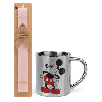 Mickey Classic, Πασχαλινό Σετ, μεταλλική κούπα θερμό (300ml) & πασχαλινή λαμπάδα αρωματική πλακέ (30cm) (ΡΟΖ)
