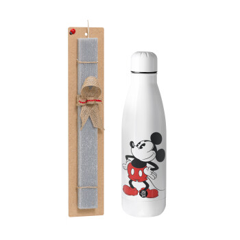 Mickey Classic, Easter Set, metallic stainless thermos bottle (500ml) & scented flat Easter candle (30cm) (GRAY)