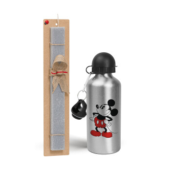 Mickey Classic, Πασχαλινό Σετ, παγούρι μεταλλικό Ασημένιο αλουμινίου (500ml) & πασχαλινή λαμπάδα αρωματική πλακέ (30cm) (ΓΚΡΙ)