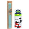 Easter Set, Children's thermal stainless steel bottle with safety straw, green/blue (350ml) & aromatic flat Easter candle (30cm) (TURQUOISE)
