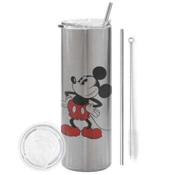 Mickey Classic, Tumbler ποτήρι θερμό Ασημένιο από ανοξείδωτο ατσάλι 600ml, με μεταλλικό καλαμάκι & βούρτσα καθαρισμού