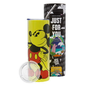 Mickey Classic, Neon Yellow Travel Tumbler θερμό, μεταλλικό καλαμάκι(Ανωξείδωτο 304 Food grade, BPA free, 600ml)