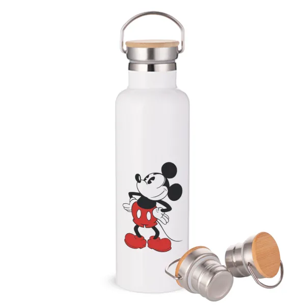 Mickey Classic — Stainless steel White with wooden lid (bamboo), double wall, 750ml