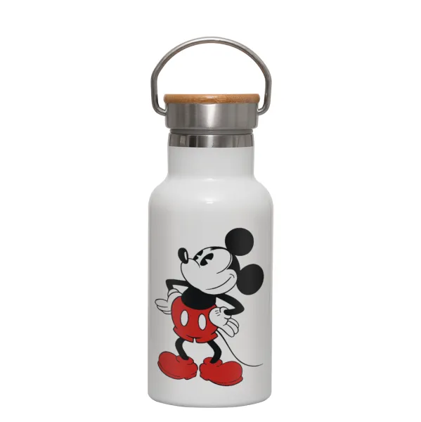Mickey Classic — Metallic thermos (Stainless steel) White with wooden lid (bamboo), double-walled, 350ml