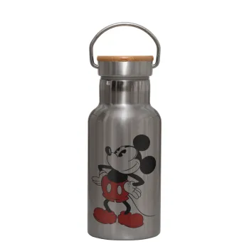 Mickey Classic, Stainless steel metallic thermos flask, silver with a bamboo lid, double-walled, 350ml.