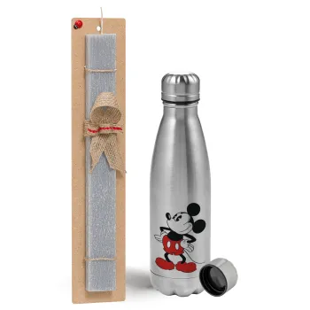 Mickey Classic, Πασχαλινή Λαμπάδα με μεταλλικό παγούρι Inox (750ml) & κερί αρωματικό πλακέ (30cm) (ΓΚΡΙ)