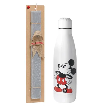 Mickey Classic, Πασχαλινή Λαμπάδα με μεταλλικό παγούρι θερμός ανοξείδωτο (500ml) & κερί αρωματικό πλακέ (30cm) (ΓΚΡΙ)