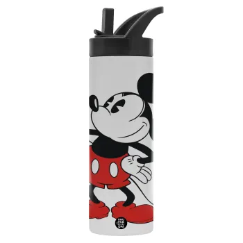 Mickey Classic, Μεταλλικό παγούρι θερμός με καλαμάκι & χειρολαβή, ανοξείδωτο ατσάλι (Stainless steel 304), διπλού τοιχώματος, 600ml