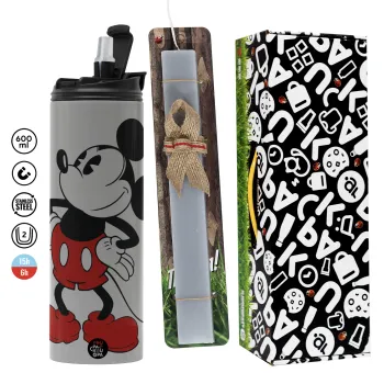 Mickey Classic, Πασχαλινή Λαμπάδα με Travel Tumbler θερμό (600ml, BPA free) & κερί αρωματικό πλακέ (30cm) (ΓΚΡΙ)