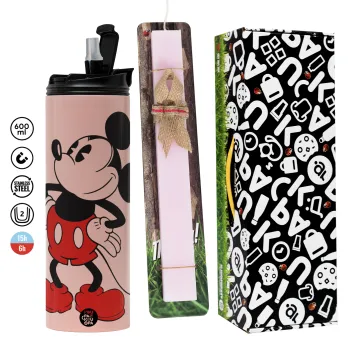 Mickey Classic, Easter candle,Travel Tumbler 2 Lids, with metal straw & cleaning brush & aromatic flat candle (30cm) (PINK)