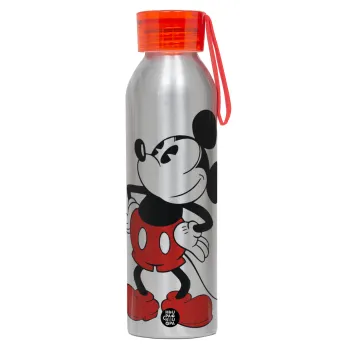 Mickey Classic, Αλουμινένιο Αθλητικό Μπουκάλι 650ml – Ασημί με Κόκκινο Καπάκι και Λουράκι Σιλικόνης