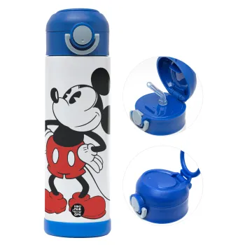 Mickey Classic, Children's hot water bottle, stainless steel, with safety straw, BLUE (500ml)