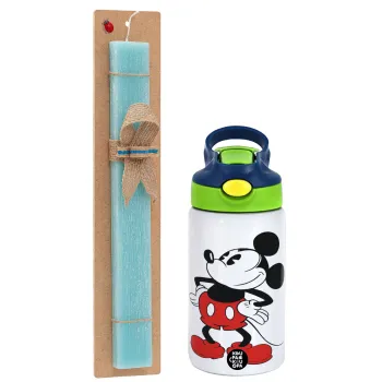 Mickey Classic, Easter Set, Children's thermal stainless steel bottle with safety straw, green/blue (350ml) & aromatic flat Easter candle (30cm) (TURQUOISE)