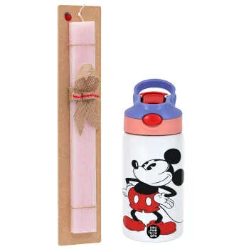 Mickey Classic, Easter Set, Children's thermal stainless steel water bottle with safety straw, pink/purple (350ml) & Easter scented flat candle (30cm) (PINK)
