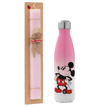 Mickey Classic, Easter Set, Metallic pink/white (Stainless steel) thermos, double-walled, 500ml & aromatic flat Easter candle (30cm) (PINK)