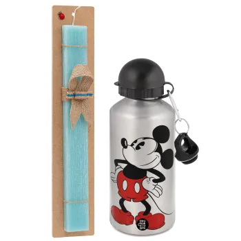 Mickey Classic, Πασχαλινή Λαμπάδα με παγούρι μεταλλικό Ασημένιο αλουμινίου (500ml) & κερί αρωματικό πλακέ (30cm) (ΤΙΡΚΟΥΑΖ)