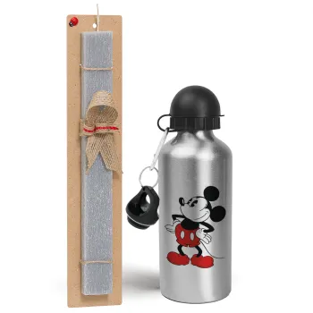 Mickey Classic, Easter Set, metallic silver aluminum water bottle (500ml) & aromatic flat Easter candle (30cm) (GRAY)
