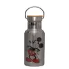 Stainless steel metallic thermos flask, silver with a bamboo lid, double-walled, 350ml.