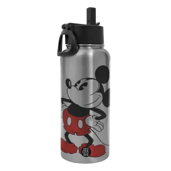 Mickey Classic, Μεταλλικό παγούρι θερμός Silver με καλαμάκι και χερούλι (Stainless steel), διπλού τοιχώματος, 950ml