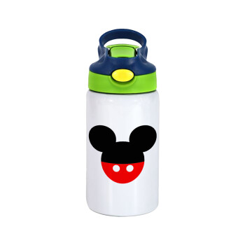 Mickey head, Children's hot water bottle, stainless steel, with safety straw, green, blue (350ml)