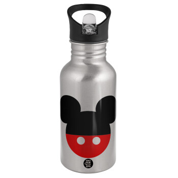 Mickey head, Water bottle Silver with straw, stainless steel 500ml