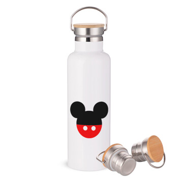 Mickey head, Stainless steel White with wooden lid (bamboo), double wall, 750ml