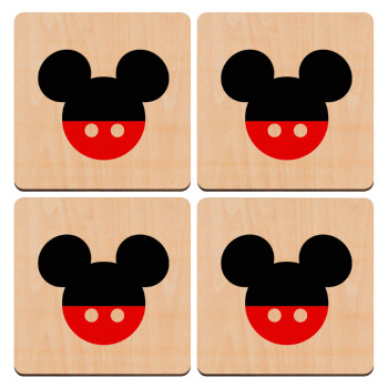 Mickey head, ΣΕΤ x4 Σουβέρ ξύλινα τετράγωνα plywood (9cm)