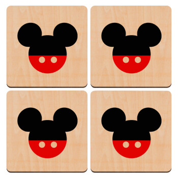 Mickey head, ΣΕΤ x4 Σουβέρ ξύλινα τετράγωνα plywood (9cm)