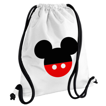 Mickey head, Τσάντα πλάτης πουγκί GYMBAG λευκή, με τσέπη (40x48cm) & χονδρά κορδόνια