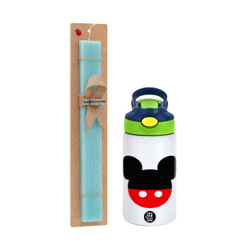 Mickey head, Πασχαλινό Σετ, Παιδικό παγούρι θερμό, ανοξείδωτο, με καλαμάκι ασφαλείας, πράσινο/μπλε (350ml) & πασχαλινή λαμπάδα αρωματική πλακέ (30cm) (ΤΙΡΚΟΥΑΖ)