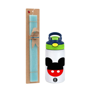Mickey head, Easter Set, Children's thermal stainless steel bottle with safety straw, green/blue (350ml) & aromatic flat Easter candle (30cm) (TURQUOISE)