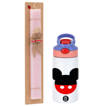 Mickey head, Πασχαλινό Σετ, Παιδικό παγούρι θερμό, ανοξείδωτο, με καλαμάκι ασφαλείας, ροζ/μωβ (350ml) & πασχαλινή λαμπάδα αρωματική πλακέ (30cm) (ΡΟΖ)