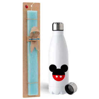 Mickey head, Easter Set, metallic stainless steel water bottle (750ml) & aromatic flat Easter candle (30cm) (TURQUOISE)