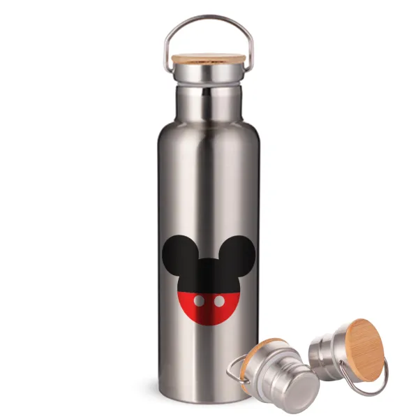 Mickey head — Stainless steel Silver with wooden lid (bamboo), double wall, 750ml
