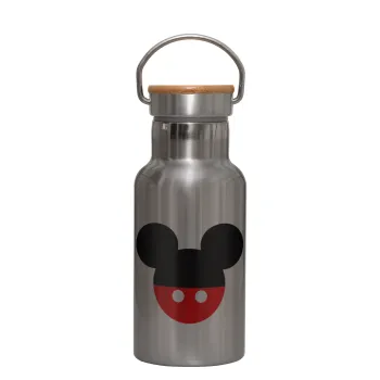 Mickey head, Stainless steel metallic thermos flask, silver with a bamboo lid, double-walled, 350ml.