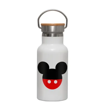 Mickey head, Metallic thermos (Stainless steel) White with wooden lid (bamboo), double-walled, 350ml