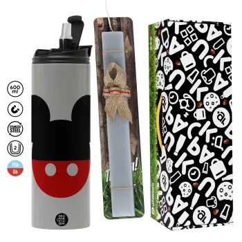 Mickey head, Πασχαλινή Λαμπάδα με Travel Tumbler θερμό (600ml, BPA free) & κερί αρωματικό πλακέ (30cm) (ΓΚΡΙ)