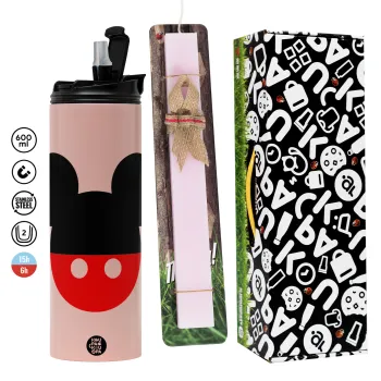 Mickey head, Easter candle,Travel Tumbler 2 Lids, with metal straw & cleaning brush & aromatic flat candle (30cm) (PINK)