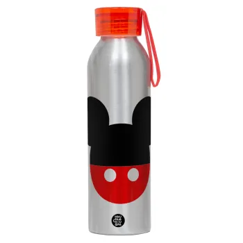 Mickey head, Αλουμινένιο Αθλητικό Μπουκάλι 650ml – Ασημί με Κόκκινο Καπάκι και Λουράκι Σιλικόνης