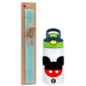 Mickey head, Easter Set, Children's thermal stainless steel bottle with safety straw, green/blue (350ml) & aromatic flat Easter candle (30cm) (TURQUOISE)