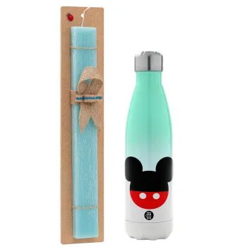 Mickey head, Easter Set, Metallic green/white thermos (Stainless steel), double-walled, 500ml & scented flat Easter candle (30cm) (TURQUOISE)