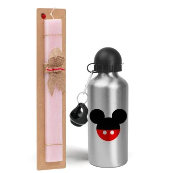 Mickey head, Easter Set, metallic Silver aluminum water bottle (500ml) & scented flat Easter candle (30cm) (PINK)