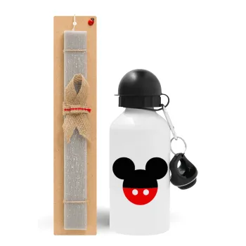 Mickey head, Πασχαλινή Λαμπάδα με παγούρι μεταλλικό  αλουμινίου (500ml) & κερί αρωματικό πλακέ (30cm) (ΓΚΡΙ)