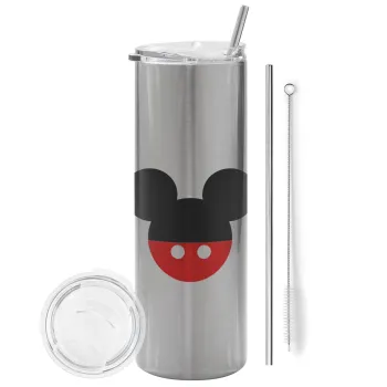Mickey head, Tumbler ποτήρι θερμό Ασημένιο από ανοξείδωτο ατσάλι 600ml, με μεταλλικό καλαμάκι & βούρτσα καθαρισμού